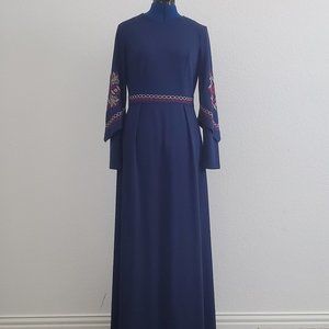Maxi Navy Blue Modest Dress Gown with embroidery